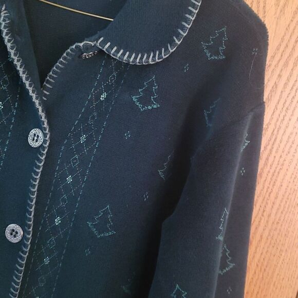 Forest Green Christmas Tree Cardigan Sweater by Artisans Sunshine Designs Sz M - Picture 1 of 4